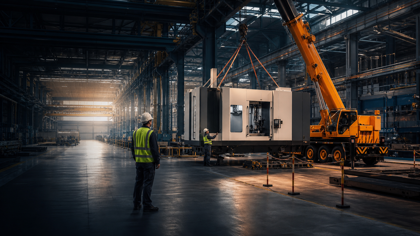 Engineers overseeing the installation of a CNC machining centre in a factory